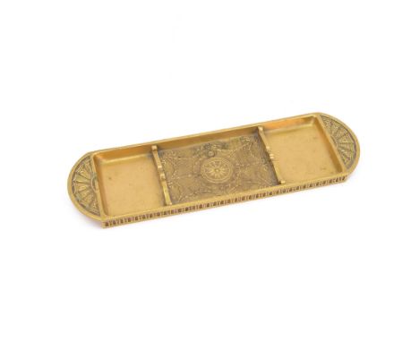 Early 20th century Tiffany & Co three piece gilt bronze Adam pattern desk tray, of oblong form with three divisions, decorate