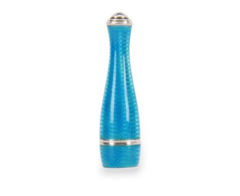 1920's Art Deco silver and enamel cheroot holder and case, the light blue engine turned enamel case of bottle form, with scre