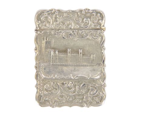Victorian silver castle-top card case, of rectangular form with scrolling sides, relief embossed with the Houses of Parliamen