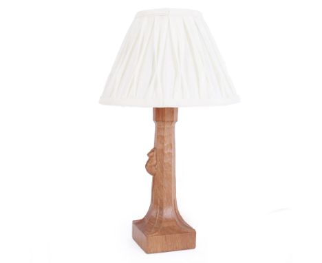 'Mouseman' tooled oak table lamp, tapered octagonal stem terminating to leaf carved square base, carved mouse signature, with