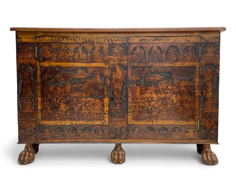 17th century and later cedarwood and pine side cupboard, moulded rectangular top, enclosed by two doors possibly removed and 