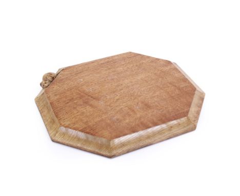 Mouseman - oak breadboard, canted rectangular form with moulded edge, carved with mouse signature, by the workshop of Robert 