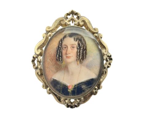 Victorian portrait miniature upon ivory, head and shoulder portrait of a young woman in black gown, her hair styled in ringle
