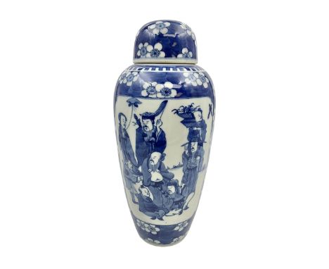 Late 19th century Chinese blue and white jar and cover, of slender ovoid form with domed cover, decorated with two reserves c