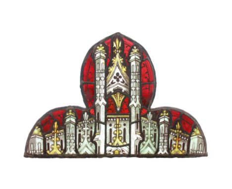Pair of late 19th/early 20th century leaded stained glass panels,of quatrefoil form when aligned, depicting architectural for