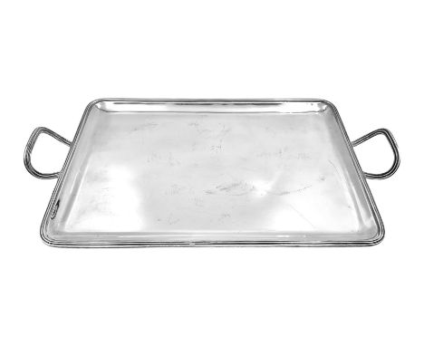Small early 20th century silver tray, of rectangular form with reeded edge and twin reeded handles, hallmarked Asprey & Co Lt