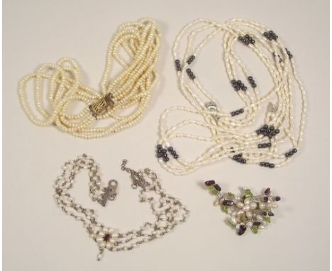PEARLS. Two fresh water pearl necklaces, a pearl &amp; garnet necklace etc.