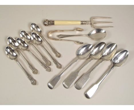 FLATWARE.
A set of six teaspoons, Sheffield 1912, a silver mounted ivory handled bread fork, other spoons etc.