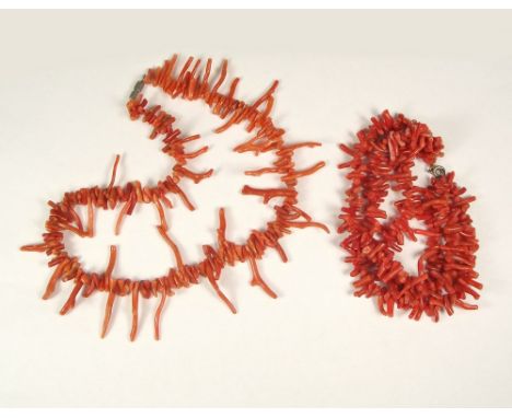 CORAL. A stick coral necklace &amp; a similar three strand bracelet.