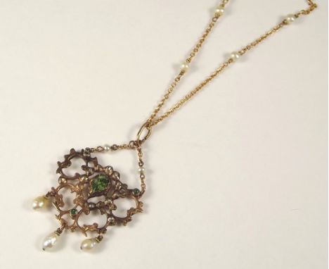 VICTORIAN PENDANT.
An early Victorian pendant set with native diamonds & hung with pearl drops, on a more modern 14ct. gold &