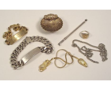 MISCELLANEOUS. Two identity bracelets, a silver swizzle stick etc.