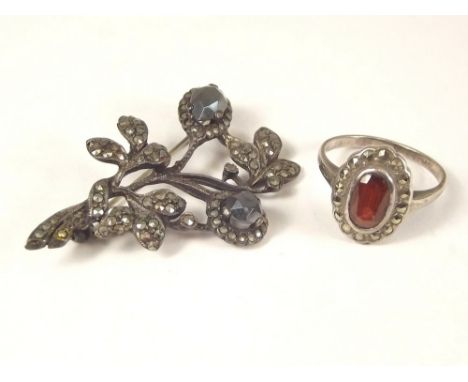 MARCASITE. A silver marcasite &amp; haematite brooch &amp; a silver &amp; marcasite dress ring.