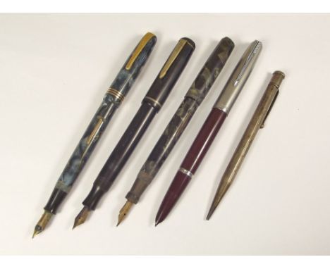 PENS ETC. A silver Yard-O-Led pencil, a Parker 51 fountain pen &amp; three other pens.