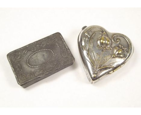 BOXES. A silver plated heart shaped box &amp; a pewter snuff box.