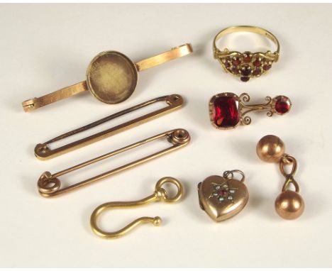 GARNETS ETC. A 9ct. gold garnet set ring, a Victorian lace pin &amp; other 9ct. gold etc.