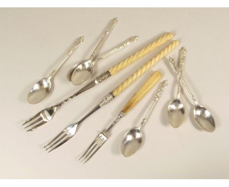 FLATWARE. A set of six Apostle teaspoons, a small Georgian silver fork &amp; two EPNS pickle forks.