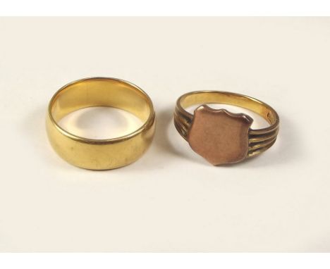 GOLD RINGS. A gentleman's 18ct. gold wedding band, approx. 8.7g., &amp; an 18ct. gold signet ring.(Possibly adapted)