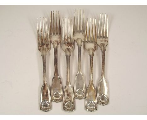 VICTORIAN SILVER.
A set of five Victorian silver fiddle, thread & shell pattern table forks, by George Adams (Chawner & Co.).