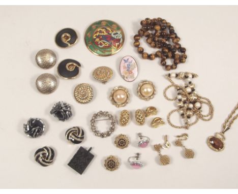 COSTUME JEWELLERY. Including tiger's eye beads, a Celtic enamelled pin, a vulcanite book fob etc.