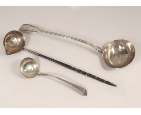 GEORGIAN LADLES.
A George II fiddle & thread pattern ladle, a Georgian punch ladle & a Georgian sauce ladle. Approx. total we