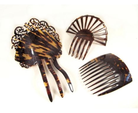 HAIR COMBS. A large tortoiseshell mantilla comb (a.f.), height 23cm, one other tortoiseshell comb &amp; a celluloid Art Deco 