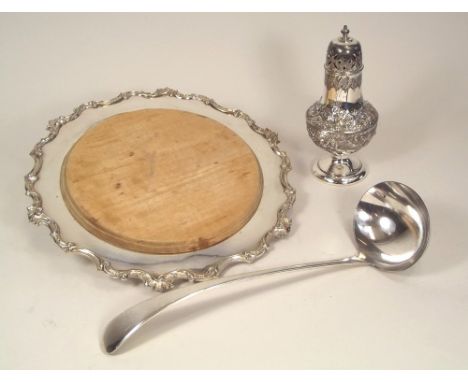 SUGAR CASTER ETC. An EPNS sugar caster, bread board stand &amp; a soup ladle.