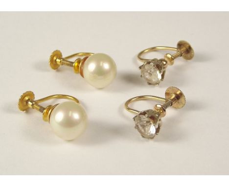 GOLD EARRINGS. A pair of 9ct. gold cultured pearl earrings &amp; one other pair of 9ct. gold earrings.