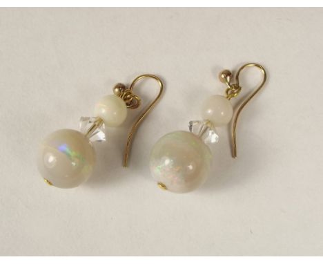 OPAL EARRINGS. A pair of 9ct. gold mounted opal &amp; crystal earrings. Opals approx. 15ct.