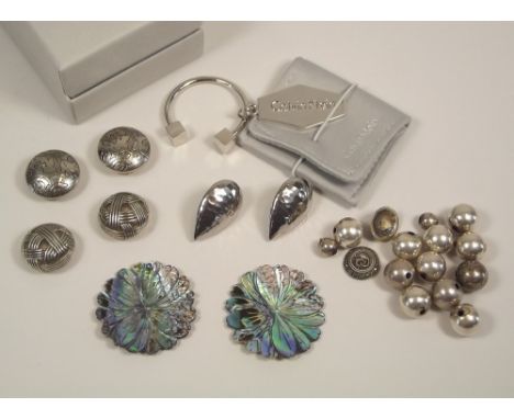 CALVIN KLEIN ETC. A Calvin Klein key ring with pouch &amp; box, silver beads, button covers etc.