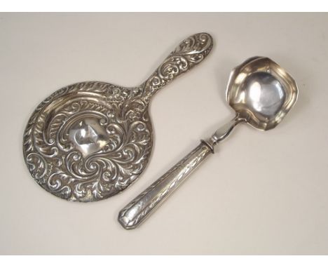 MIRROR &amp; LADLE. A silver mounted hand mirror &amp; a Scandinavian style ladle with filled silver handle.