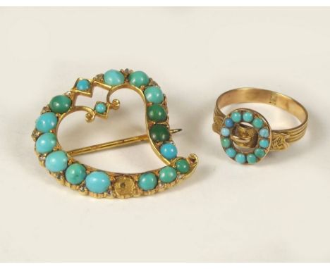 TURQUOISE.
A Georgian turquoise & gold buckle ring & a Victorian yellow metal turquoise & diamond Luckenbooth brooch. (one tu