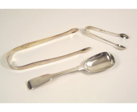 TONGS ETC. A pair of Georgian bright cut sugar tongs, a Victorian caddy spoon etc.