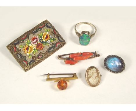 COSTUME JEWELLERY. Including a modern 9ct. opal doublet ring, a mosaic brooch etc.