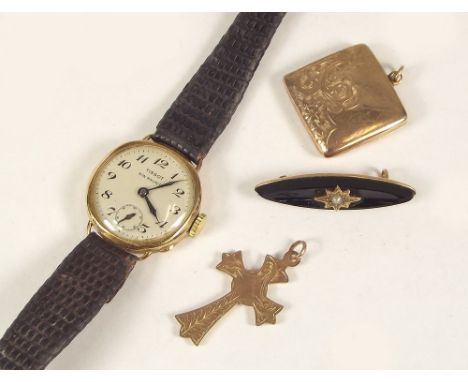 WATCH ETC. A 9ct. gold cased Tissot wristwatch &amp; three pieces of gold jewellery.