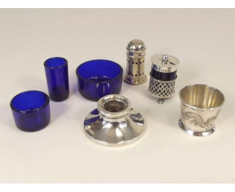 CHINESE SILVER ETC.
A dragon engraved Hong Kong condiment, stamped Siu Kee, condiments, glass liners & a scrap silver inkwell