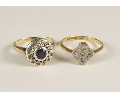 GOLD RINGS. An Art Deco 18ct. gold &amp; platinum, five stone diamond ring &amp; a 9ct. gold sapphire &amp; diamond dress rin