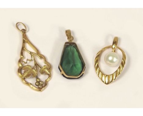 PENDANTS. An 18k. pearl drop pendant &amp; two German 333 standard yellow metal pendants.