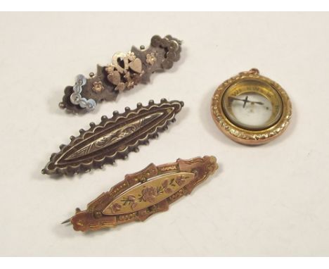 BROOCHES ETC. Three Victorian bar brooches &amp; a 9ct. gold mounted compass fob. (a.f.)