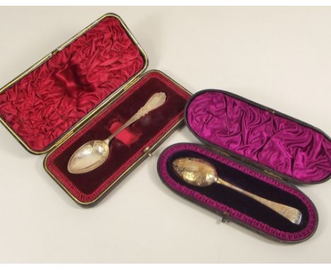 VICTORIAN SPOONS.
A Victorian Christening spoon & one other Victorian spoon (lacking napkin ring), both cased.