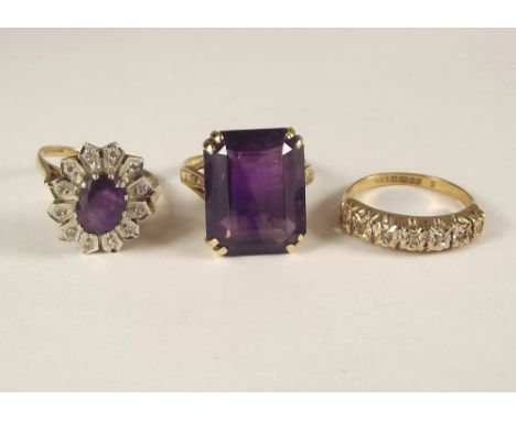 DRESS RINGS. Two 9ct. gold amethyst set dress rings &amp; a 9ct. gold illusion diamond dress ring.