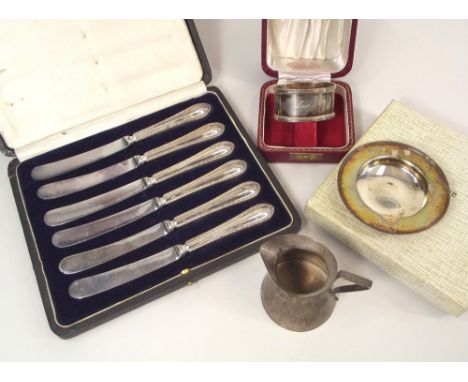 MISCELLANEOUS. A napkin ring, a modern pin tray, a small cream jug etc.