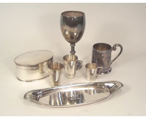 MISCELLANEOUS. A Sheffield plated oval caddy, a snuffer tray, three measures etc.
