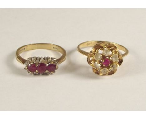 GOLD RINGS. A 14ct. gold ruby cluster ring &amp; a 9ct. gold ruby ring.