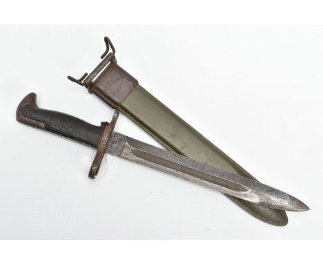A WORLD WAR TWO ERA US ARMY BAYONET &amp; SCABBARD, by American Fork &amp; Hoe Company, period for this maker 1941-43, for th