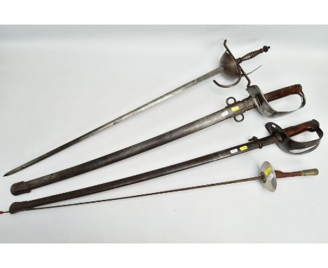 FOUR BLADED WEAPONS to include a Spanish Medieval style sword with Carlos III markings and Toledo to blade, ornate Cross guar