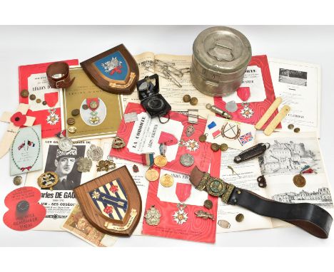 A LARGE BOX CONTAINING MILITARY ITEMS, as follows, Alloy mess tin base marked made in England, nine copies of French Magazine
