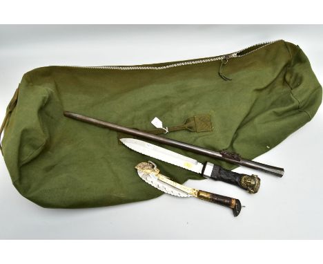 GREEN MILITARY KIT BAG, containing the following: a possibly Victorian Rifle barrel, with lots of numbering and proof marks, 