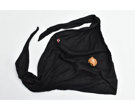 A BLACK COTTON HITLER YOUTH SCARF (Neckerchief) &amp; BROWN LEATHER KNOT,(woggle), bring back souvenirs after WWII, together 