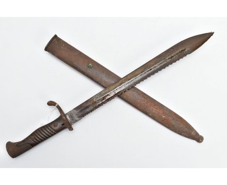 A WWI ERA IMPERIAL GERMAN ARMY SAWBACK BAYONET, by V.C. Schilling Suhl, the blade and scabbard are rusted as too the grip but