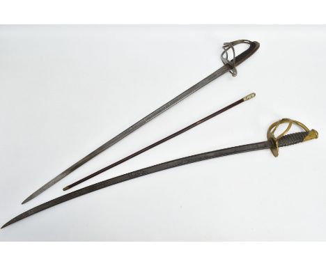 TWO MILITARY  SWORDS AND OFFICERS SWAGGER STICK, a Royal Artillery officers sword by Henry Wilkinson Pall Mall, London, with 